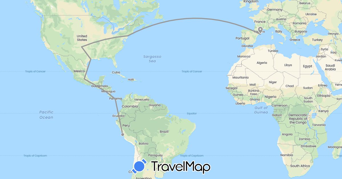 TravelMap itinerary: driving, plane in Spain, Mexico, Nicaragua, Panama, Peru, United States (Europe, North America, South America)